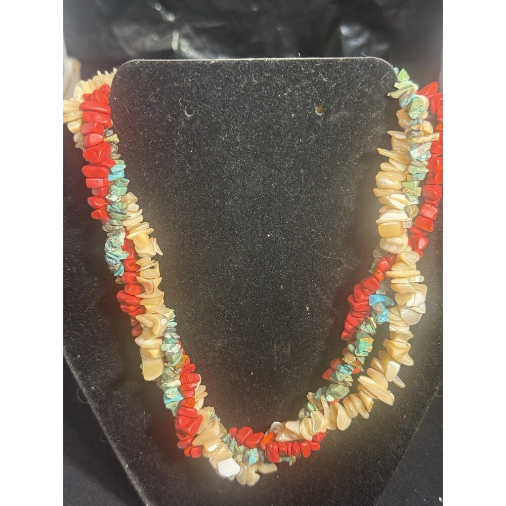 3 Strand Beaded Coral/Turquoise/Capezio Chip Necklace 18”See Pics/Description